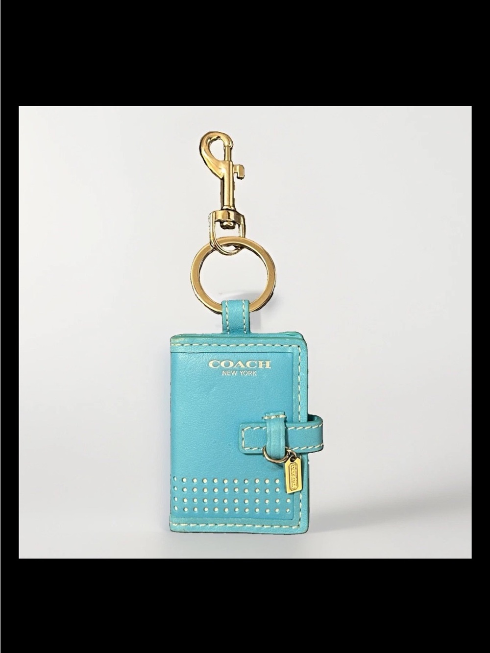 Coach Mini Turquoise Perforated Leather Photo Book Bag Charm, 2005 Style: #92601